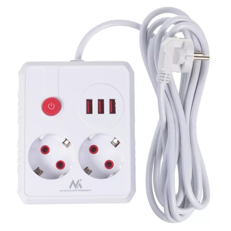 Maitinimo blokas MACLEAN MCE388 W – 2 lizdai, 3×USB, 110–240V, 2500W, 3 m laidas, baltas