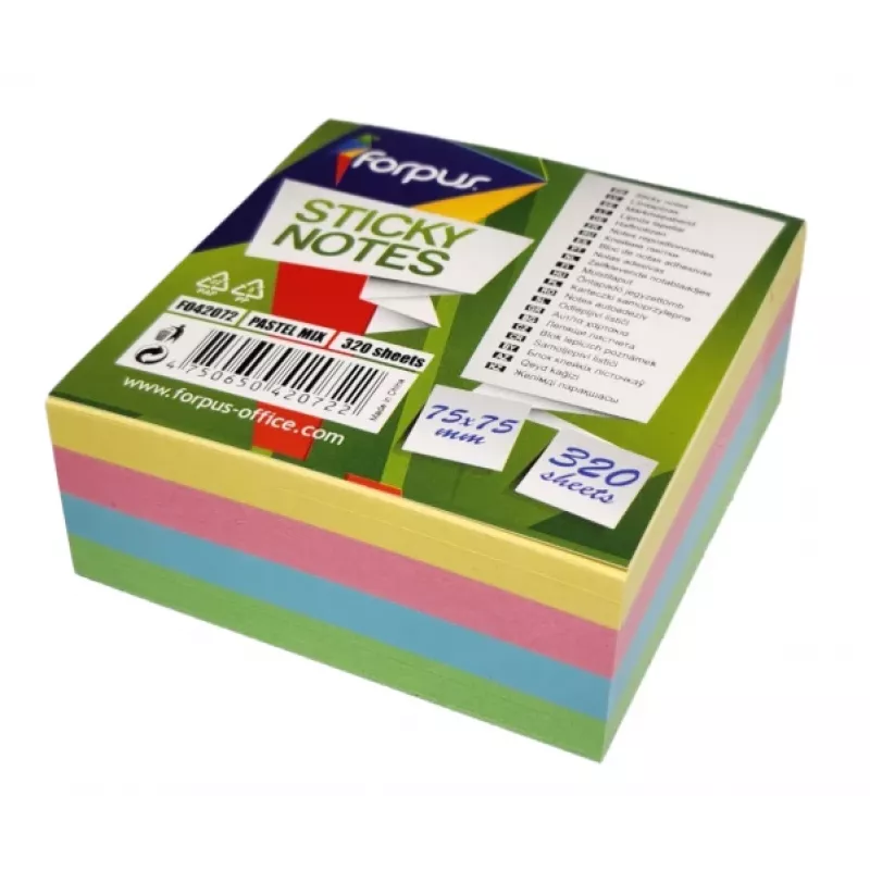 Lipnūs bloknotai Forpus, 75x75mm, 4 pastelinių spalvų mišinys, kubas (1x320)