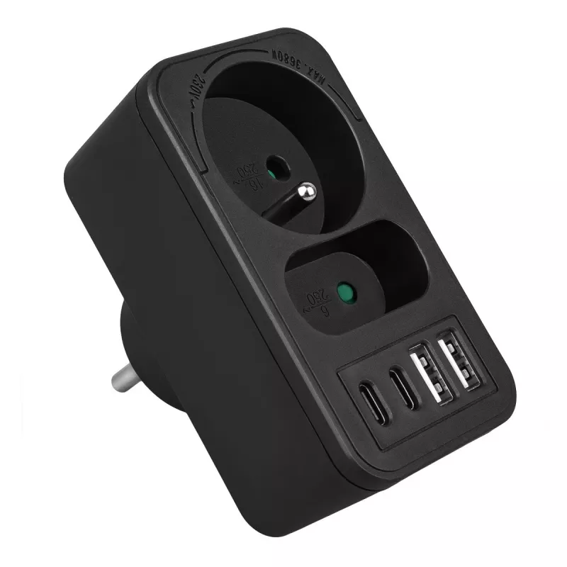 Maitinimo daliklis MACLEAN MCE249 F/B – 2 AC lizdai (16A + 6A) su 2×USB-A ir 2×USB-C PD 20W, EU kištukas, juodas
