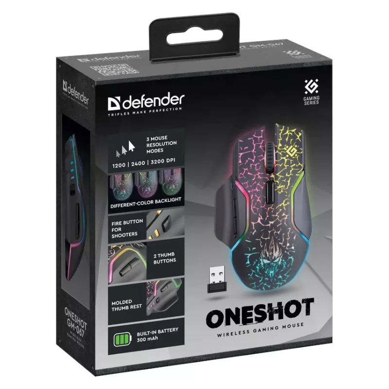 Defender Oneshot GM-067 Belaidė žaidimų pelė, dešinei rankai, RF + USB, pilka