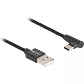 USB 2.0 laidas, USB-A kištukas > USB-C kištukas (juodas, 1 m, pintas, 90° kampu)
