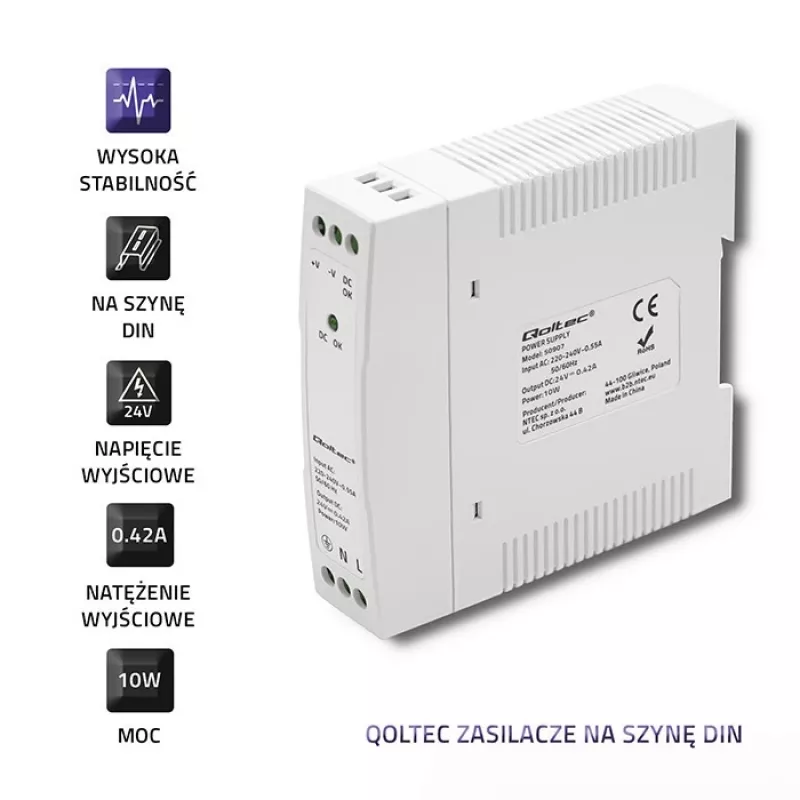 DIN bėgio maitinimo šaltinis 10W, 24V, 0,42A, Slim