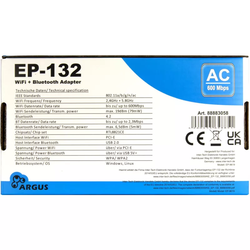 Belaidis USB tinklo adapteris INTER-TECH Argus EP-132, USB 2.0, Wi-Fi 5 (iki 600 Mbps)
