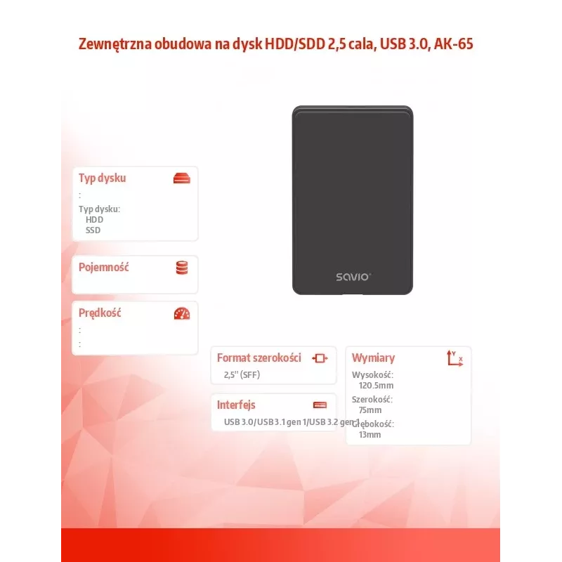 Išorinis HDD/SSD dėklas SAVIO AK-65 Juodas 2.5 colio SATA USB 3.0 5 Gbit/s Micro-USB
