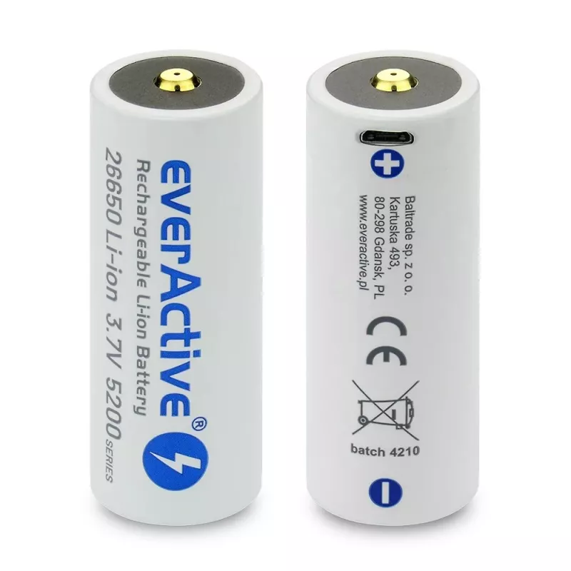 Įkraunama baterija everActive EV26650-52M 3.7V 5200mAh su Micro USB įkrovimu