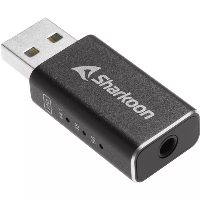Vidinis USB Type-A – 3,5 mm DAC adapteris Sharkoon DAC Pro S – 2 V išvestis, juodas, kompaktiškas (42×17,3×9,7 mm)