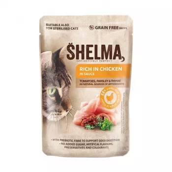 Šlapias kačių ėdalas SHELMA Rich in chicken in sauce 85 g – pilnavertis suaugusių kačių ėdalas, 10% baltymų, 81% drėgmės