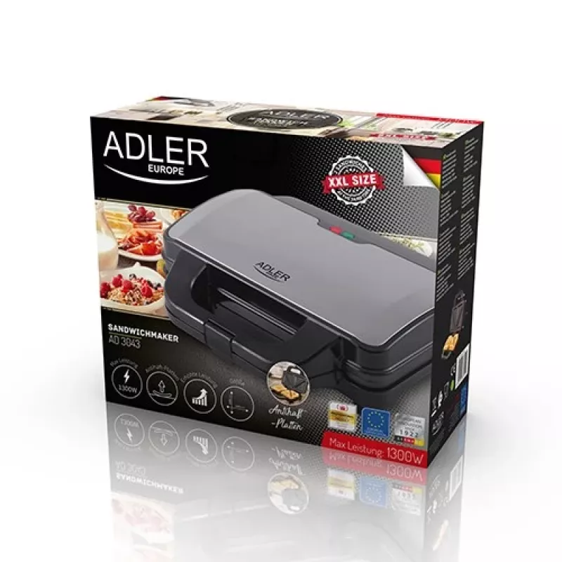 Sumuštinių kepimo aparatas Adler AD 3043, 1300 W, nelimpančios plokštės, 2 sumuštiniams, 285×152 mm kaitinimo paviršius, juodas