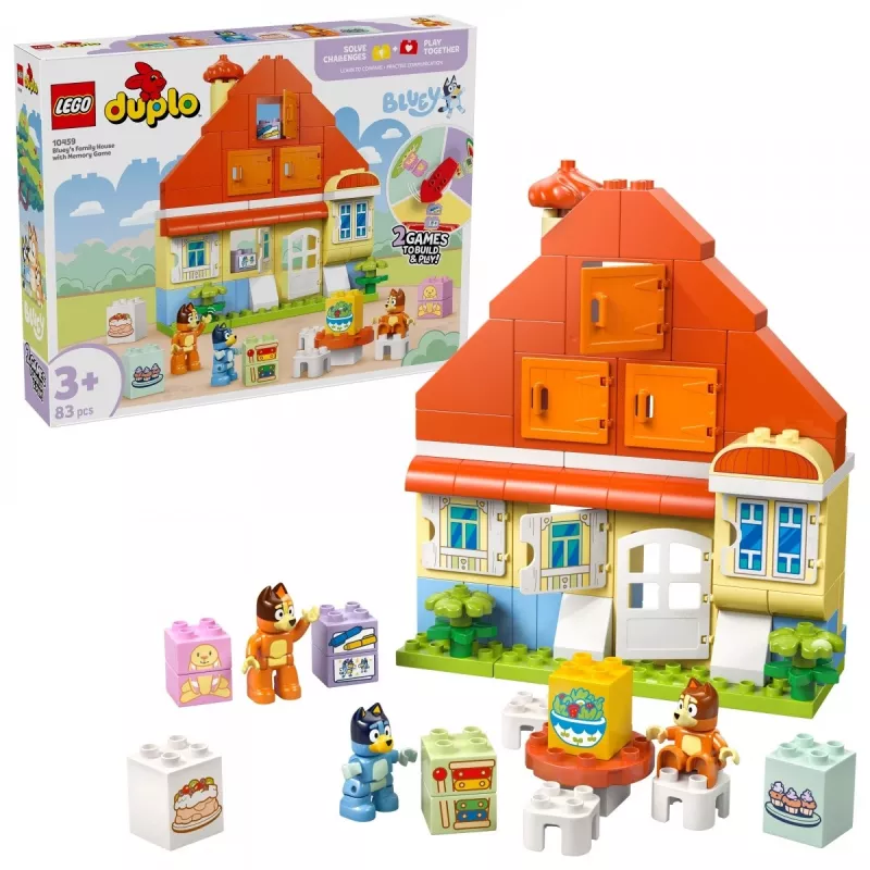 Konstruktorius LEGO Bluey šeimos namas su atminties žaidimu 10459 — 83 dalys, 3 minifigūrėlės, nuo 3 m.