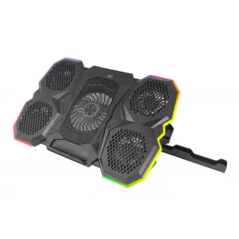 Aušintuvas nešiojamam kompiuteriui ESPERANZA EGC107 — 3 ventiliatoriai 1200–2600 RPM, 390×255×38 mm, USB PD, RGB, 5 aukščio padėtys, juodas