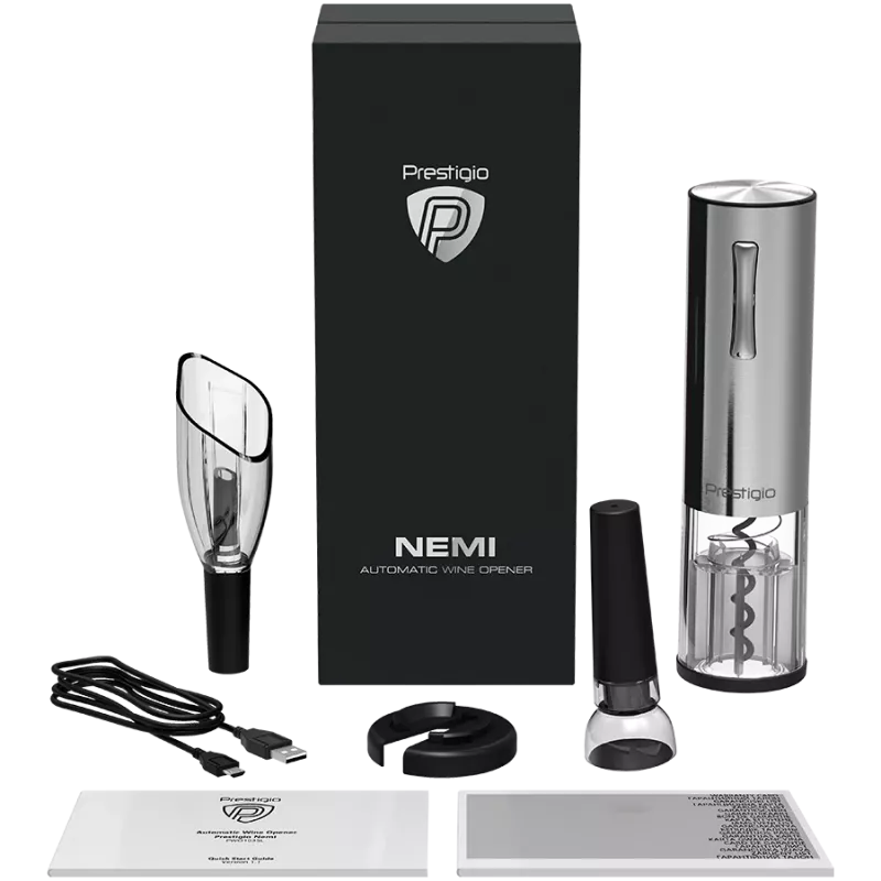 Prestigio Nemi elektrinis vyno atidarytuvas su aeratoriumi ir vakuuminiu kamščiu, sidabrinis