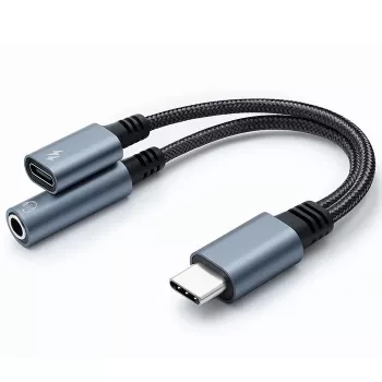 Adapteris 2w1 USB-C į USB-C ir 3,5 mm lizdas PD 15W