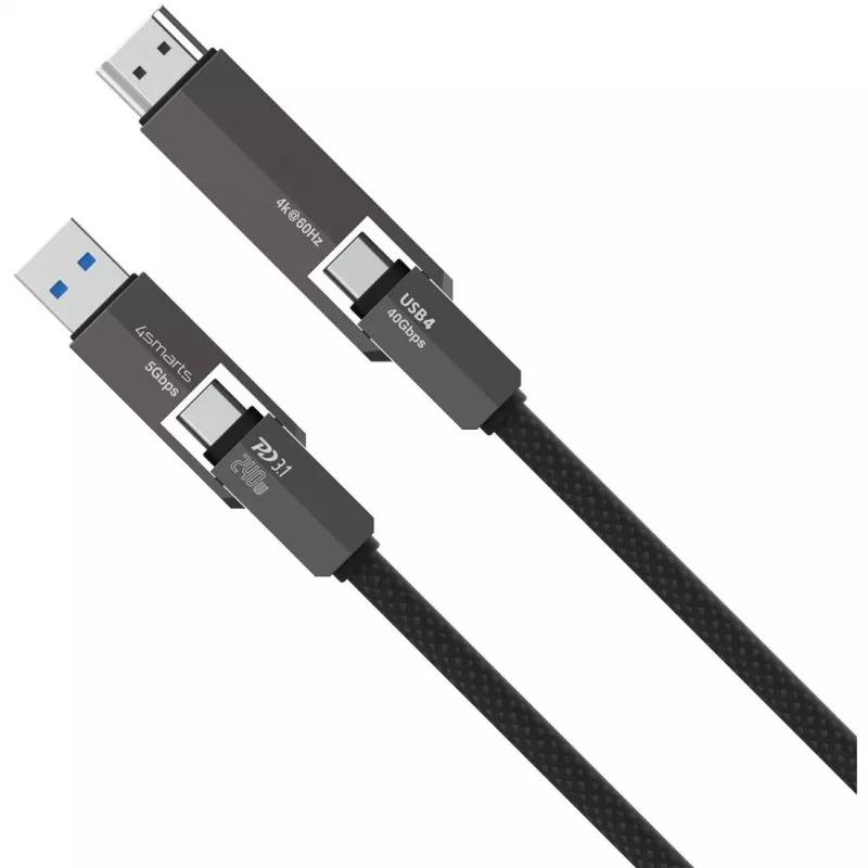 USB4 HDMI kabelis 4smarts ComboCord 240W 1,5 m – USB4 į HDMI, 240W galios tiekimas, 1,5 m ilgio