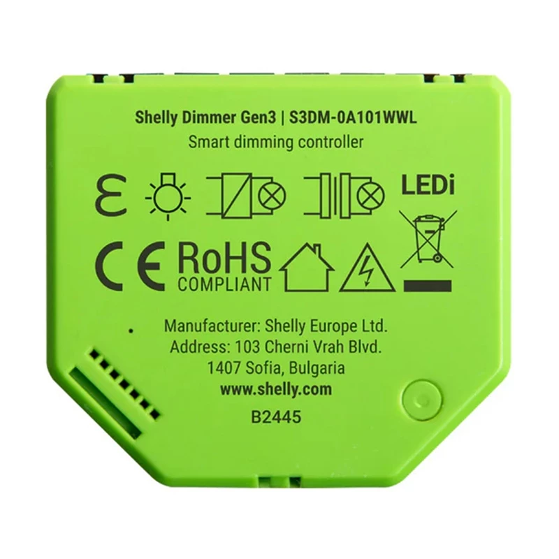 Įmontuojamas reguliatorius Shelly Dimmer Gen3 – LED max 150W, Halogen max 200W, 220–240V, belaidis, juoda/laimo