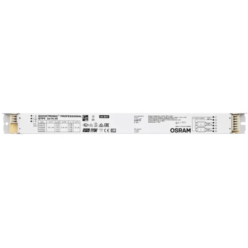Balastas / LED tvarkyklė Osram QTP5 2X14…35, tarnavimo laikas 100000 h, įėjimas 198–264 V, 50/60 Hz, 24 A, -20–50 °C, 30×360×21 mm