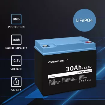 Įkraunama LiFePO4 baterija QOLTEC 12,8V 30Ah 384Wh su BMS