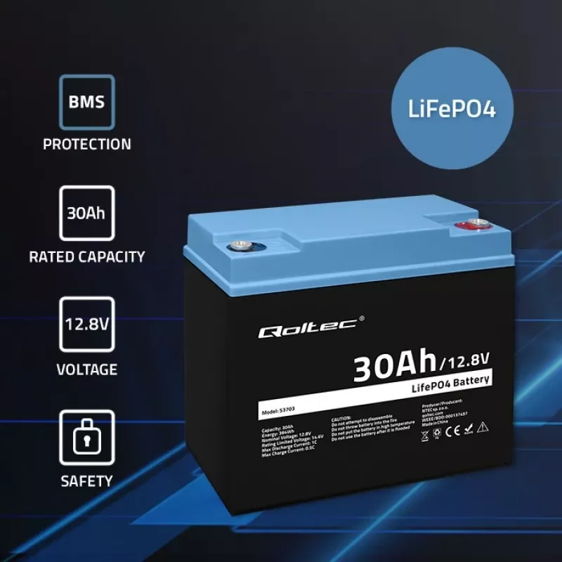 Įkraunama LiFePO4 baterija QOLTEC 12,8V 30Ah 384Wh su BMS