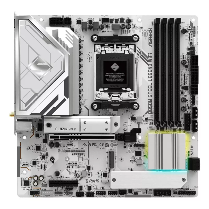 Motininė plokštė ASRock B850M Steel Legend WiFi — AMD B850, lizdas AM5, microATX, DDR5, 4 DIMM, Wi‑Fi 7, 2.5Gb LAN