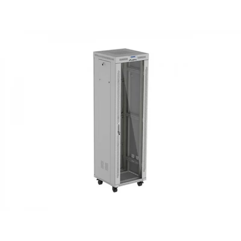 19 colių 42U LANBERG stovimas serverio stovas 600×600 mm pilkas su stiklinėmis durelėmis ir LCD (Flat Pack)
