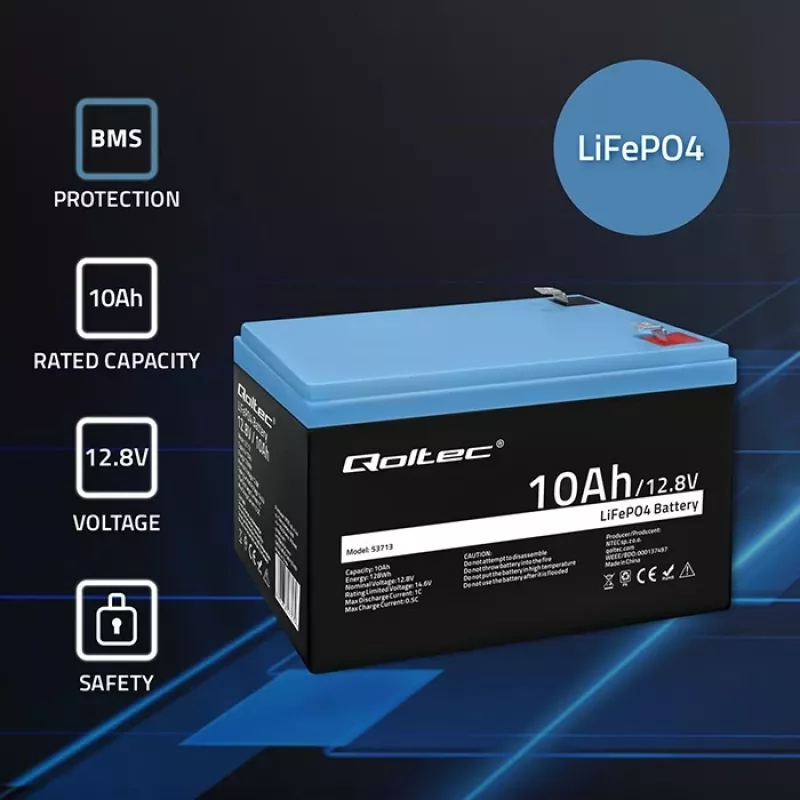 Įkraunama LiFePO4 baterija QOLTEC 10Ah 12.8V 128Wh su integruotu BMS