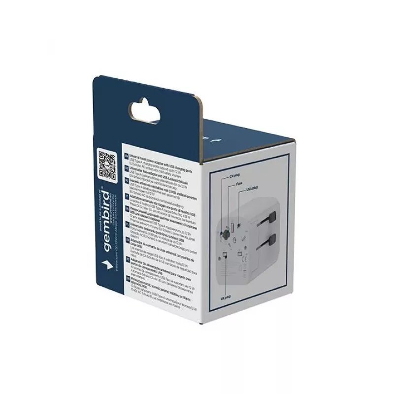 Universalus kelioninis adapteris GEMBIRD TPA-EU2A12-01-W 12W USB maitinimo adapteris tarptautiniams kištukams