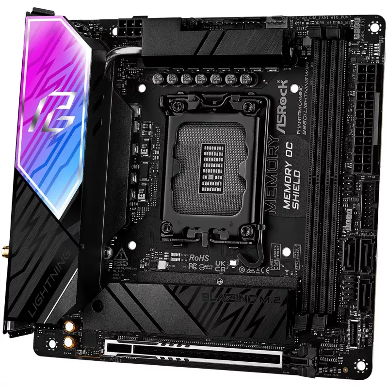 Motininė plokštė ASROCK B860I Lightning WiFi – Intel B860, LGA 1851, Mini-ITX, DDR5, 2x DIMM, 4x M.2, 2.5Gb LAN, Wi‑Fi 6E, Bluetooth 5.3