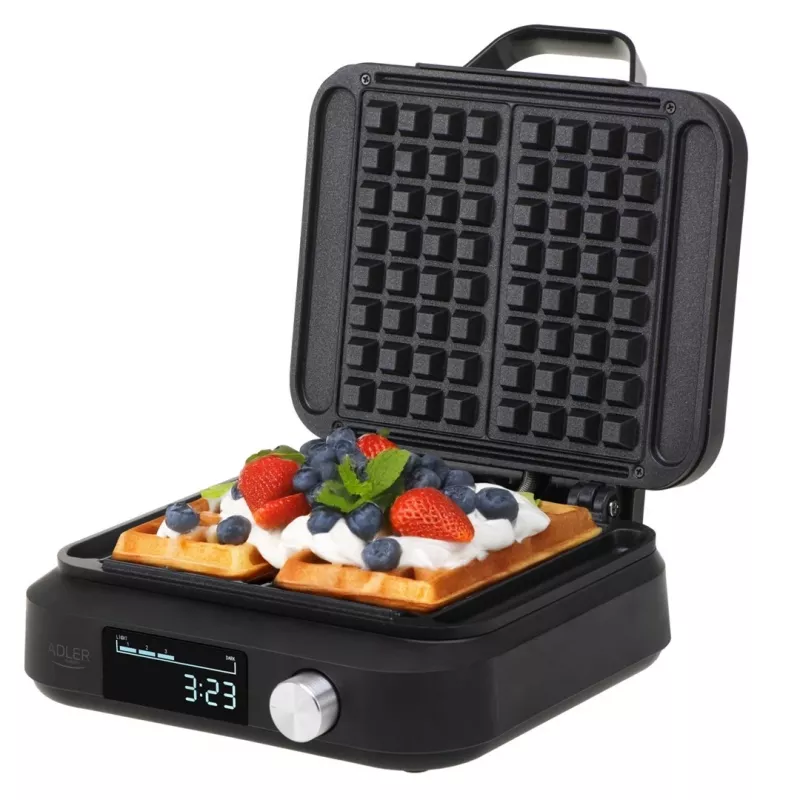 Vafelinė Adler AD 3087 – elektrinė belginių vaflių keptuvė, 2200 W, 2 stačiakampės plokštės 9×17 cm, juoda