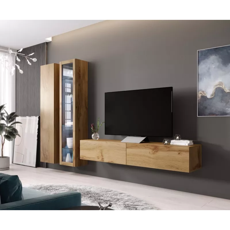 Vitrininė spinta Cama Meble VIGO 180 – sieninė stiklinė vitrina, 1800×400×300 mm, wotan ąžuolas