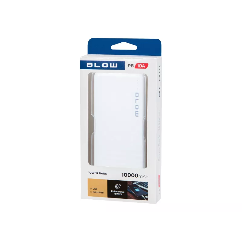 Nešiojamas įkroviklis BLOW PB10A 10000mAh (37Wh), 2x USB-A išėjimai, 22.5W bendra galia, Micro-USB įėjimas, polimerinė baterija