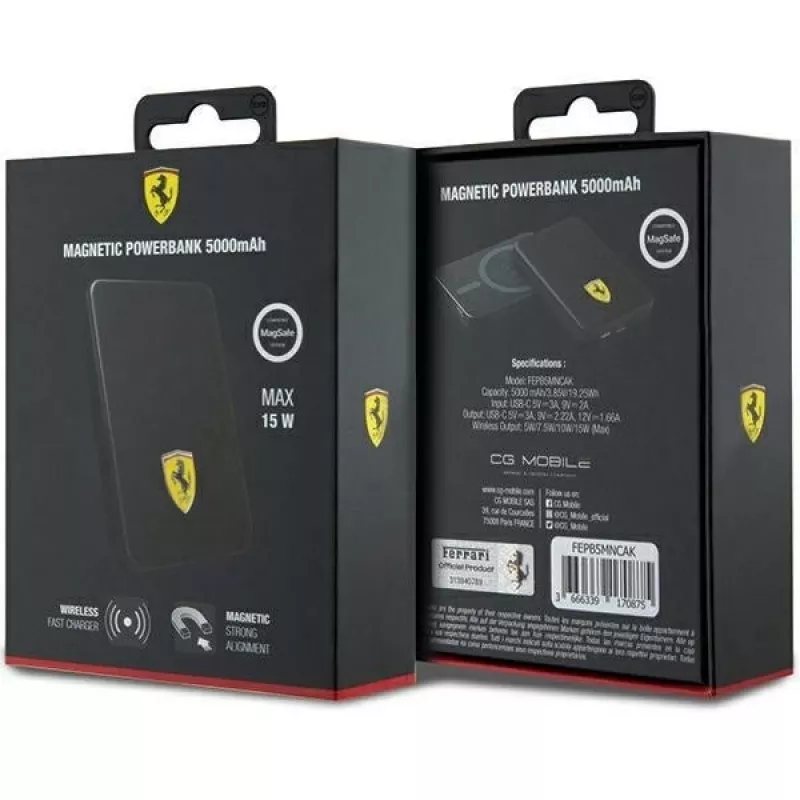 Ferrari Powerbank FEPB5MNCAK 15W 5000mAh Juoda/juodas Metalinis Logotipas MagSafe