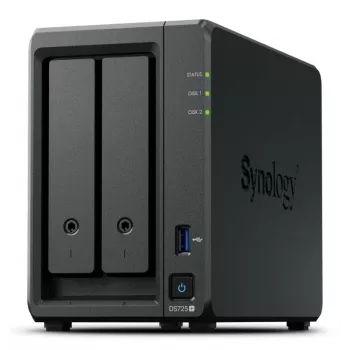 NAS Synology DiskStation DS725+ 2 lizdai Ryzen R1600 4GB DDR4 ECC, 2.5GbE, 2x M.2, RAID palaikymas, 0TB, Juoda
