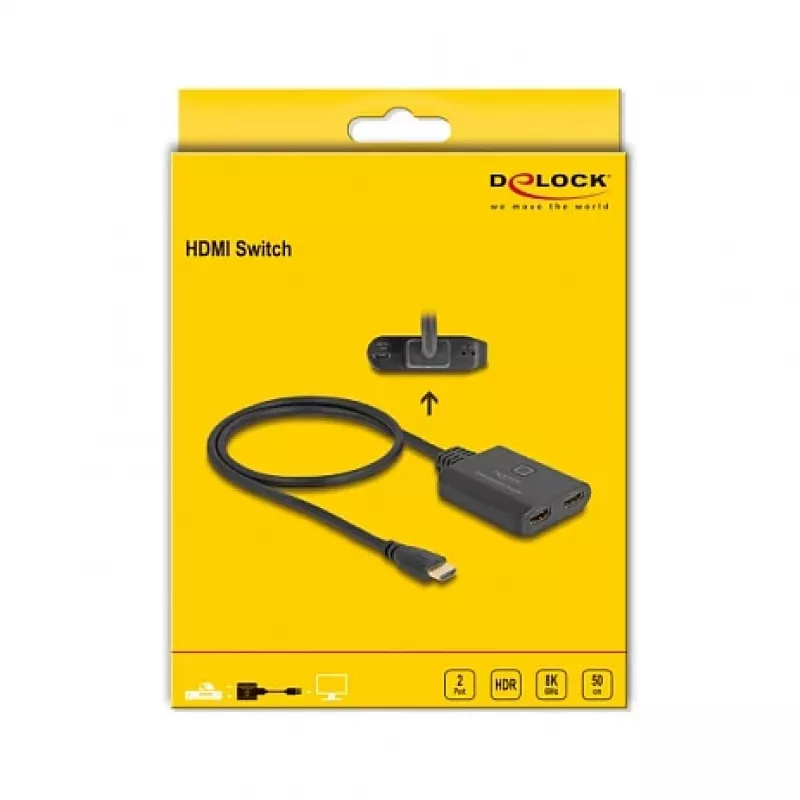 DeLOCK HDMI jungiklis 2 x HDMI įėjimas į 1 x HDMI išėjimas 8K 60 Hz integruotas kabelis 50 cm