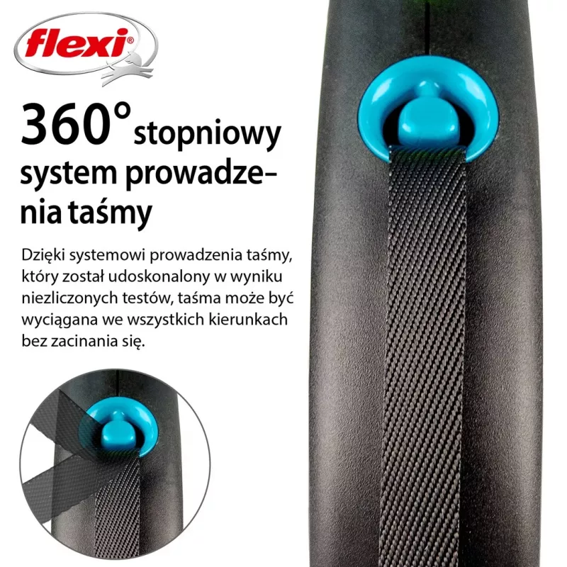 Flexi Black Design M atsitraukiantis šuns pavadėlis, juodo dizaino, 5 m juostos tipas, maks. apkrova 25 kg, ergonomiška rankena