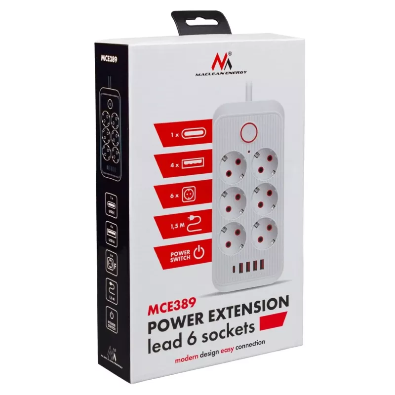 Maitinimo blokas MACLEAN MCE389 B — 6 lizdai, 4×USB-A + 1×USB-C, 110–240V, 2.1A, 2500W, 1.5 m laidas, juodas