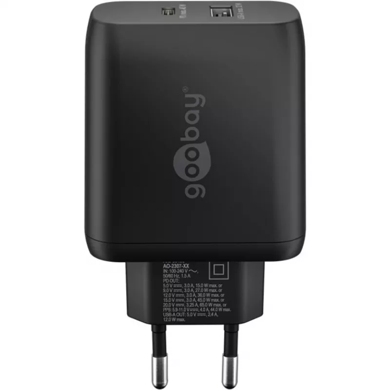 USB-C dvigubas greitas įkroviklis, PD, GaN, 65 W (juodas, 1x USB-C, 1x USB-A, Power Delivery)