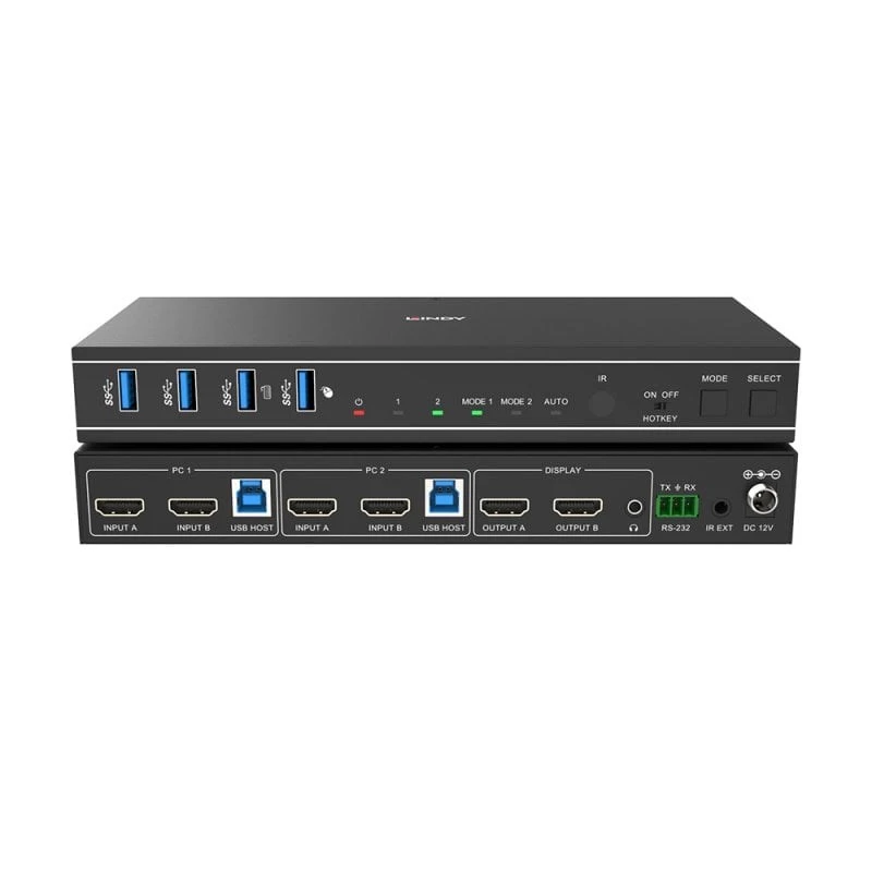 Lindy 2 prievadų dviejų galvučių HDMI 4K60, USB 3.0 KVM jungiklis, 4096 x 2160 pikselių, 4K Ultra HD, juodas