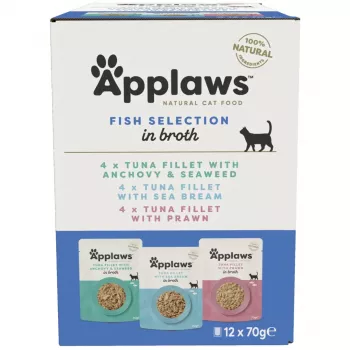 Šlapias kačių ėdalas Applaws Fish selection multipack sultinyje 12 x 70 g, suaugusioms katėms, 83% drėgmės, paketėliai