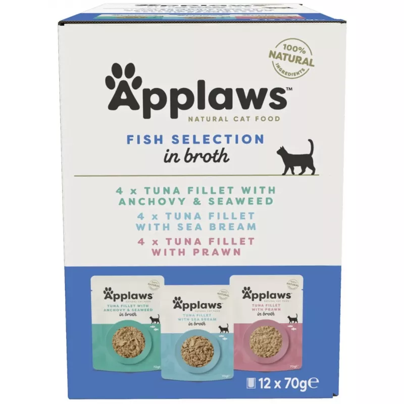 Šlapias kačių ėdalas Applaws Fish selection multipack sultinyje 12 x 70 g, suaugusioms katėms, 83% drėgmės, paketėliai