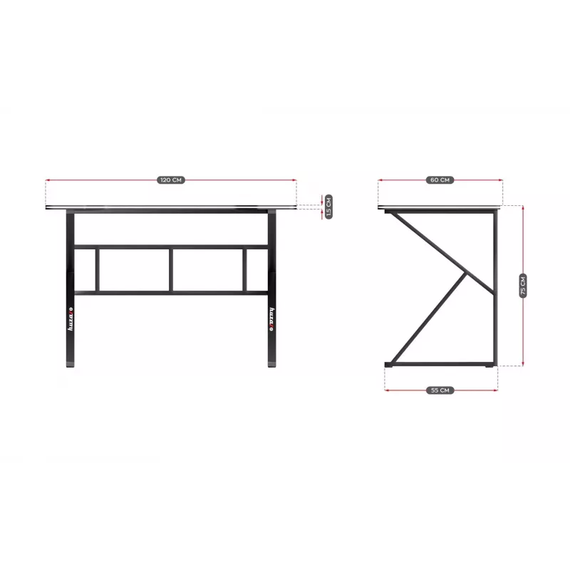 Gaming stalas huzaro Hero 1.6 Black – tiesus MDF/anglies stalviršis 1200×600×750 mm, metalinis rėmas