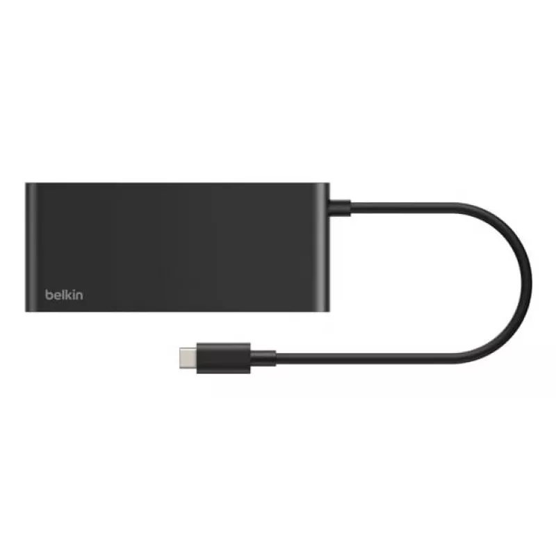 Belkin Connect USB-C centras, USB Type-C, HDMI, USB 2.0 Type-A, USB 3.2 Gen 1 Type-C, MicroSD, SD, juodas, apvalus kabelis, 0,2 m
