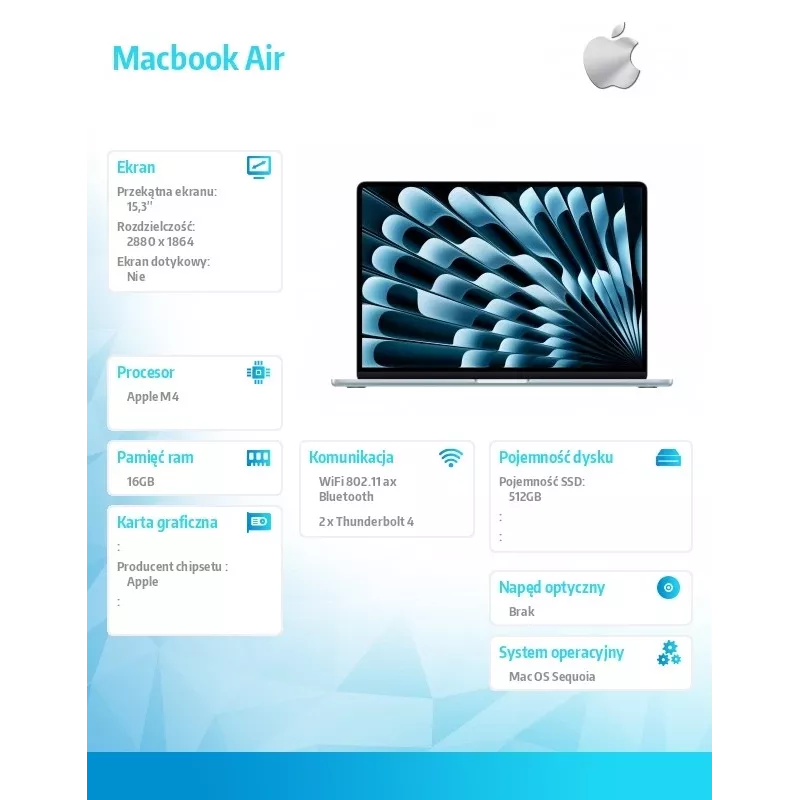 MacBook Air 15,3 colų: M4 10/10, 16 GB, 512 GB, 35 W – Dangaus Mėlyna – MC7A4ZE/A/D1