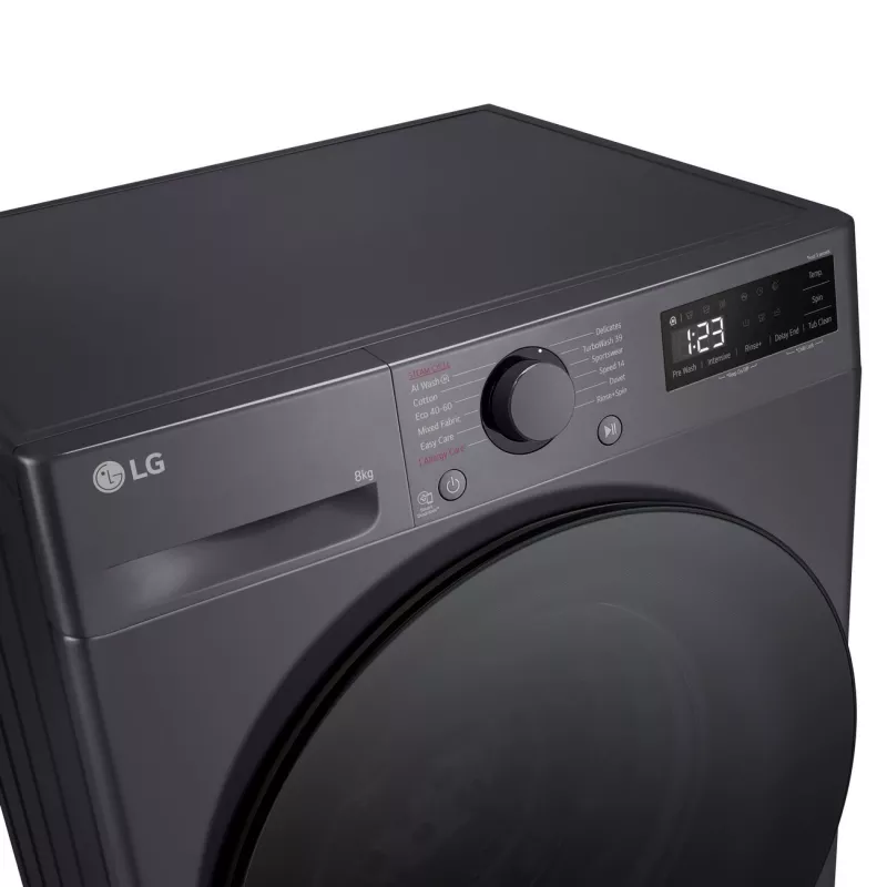 Skalbimo mašina LG F2WR508S2M – priekinė pakrova, 8 kg, 1200 aps./min., A energijos klasė, 60×48 cm, LED, vidurio juoda