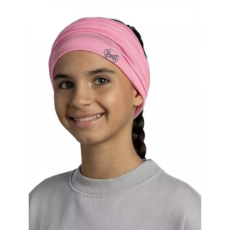 Vaikiška daugiafunkcinė kaklaskarė Buff Kids Bandana Merino Lightweight – vientisa rožinė spalva, besiūlė merino vilnos galvos apdangalas vaikams