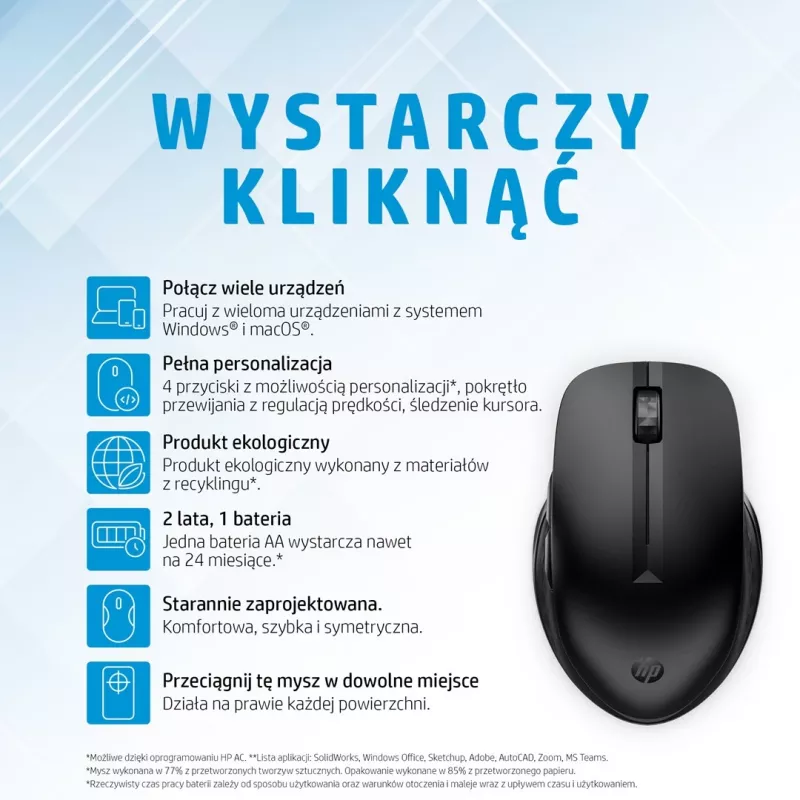 HP 435 Multi-Device Wireless Mouse, ambidextrinė, RF Wireless + Bluetooth, 4000 DPI, juoda