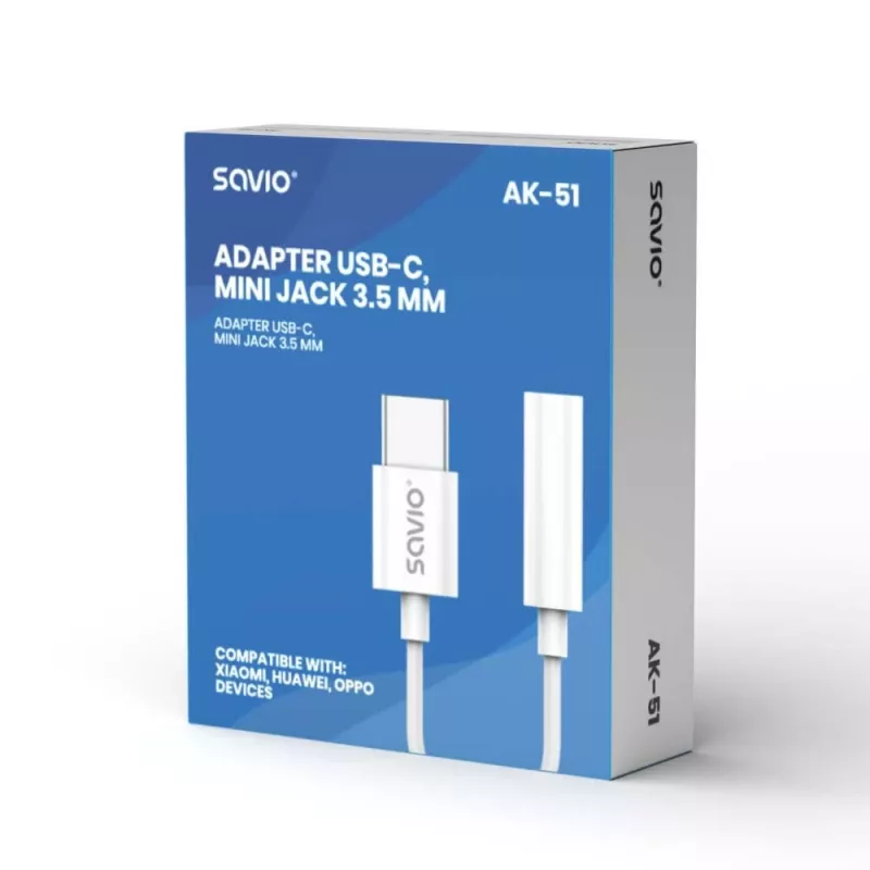 USB Type-C (M) – Jack 3,5 mm (M) garso adapteris baltas SAVIO AK-51