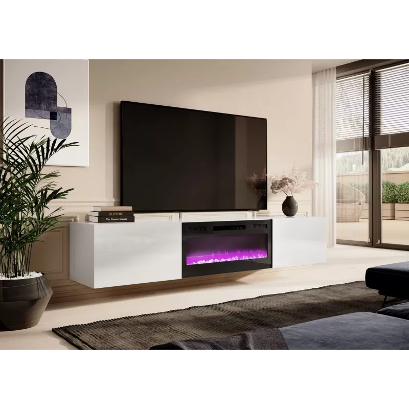 TV spintelė Cama Meble SLIDE 200K su elektriniu židiniu 200x40x37 cm blizganti balta