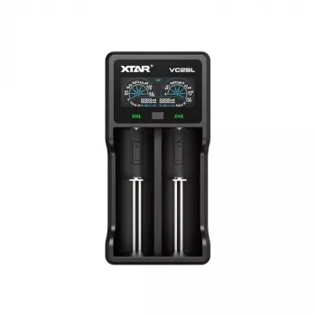 Įkroviklis akumuliatoriams XTAR VC2SL – USB 5V 1A, LCD, krauna 2 elementus, suderinamas Li‑Ion/NiMH/NiCd, dydžiai A/AA/AAA/AAAA/C/D/SC, juodas