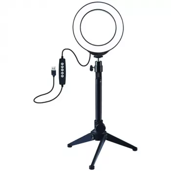 LED žiedo šviestuvas 12cm su stalo trikoju iki 24,5cm, USB, RGBW