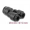 Pneumatinis Y formos jungtis DELOCK 2×8 mm į 1×12 mm su tvirtinimo anga, metalas/plastikas, moteriškas sriegis, 50,5 mm