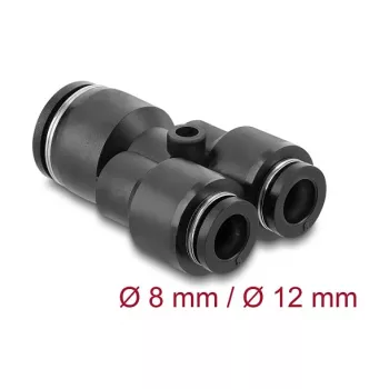 Pneumatinis Y formos jungtis DELOCK 2×8 mm į 1×12 mm su tvirtinimo anga, metalas/plastikas, moteriškas sriegis, 50,5 mm